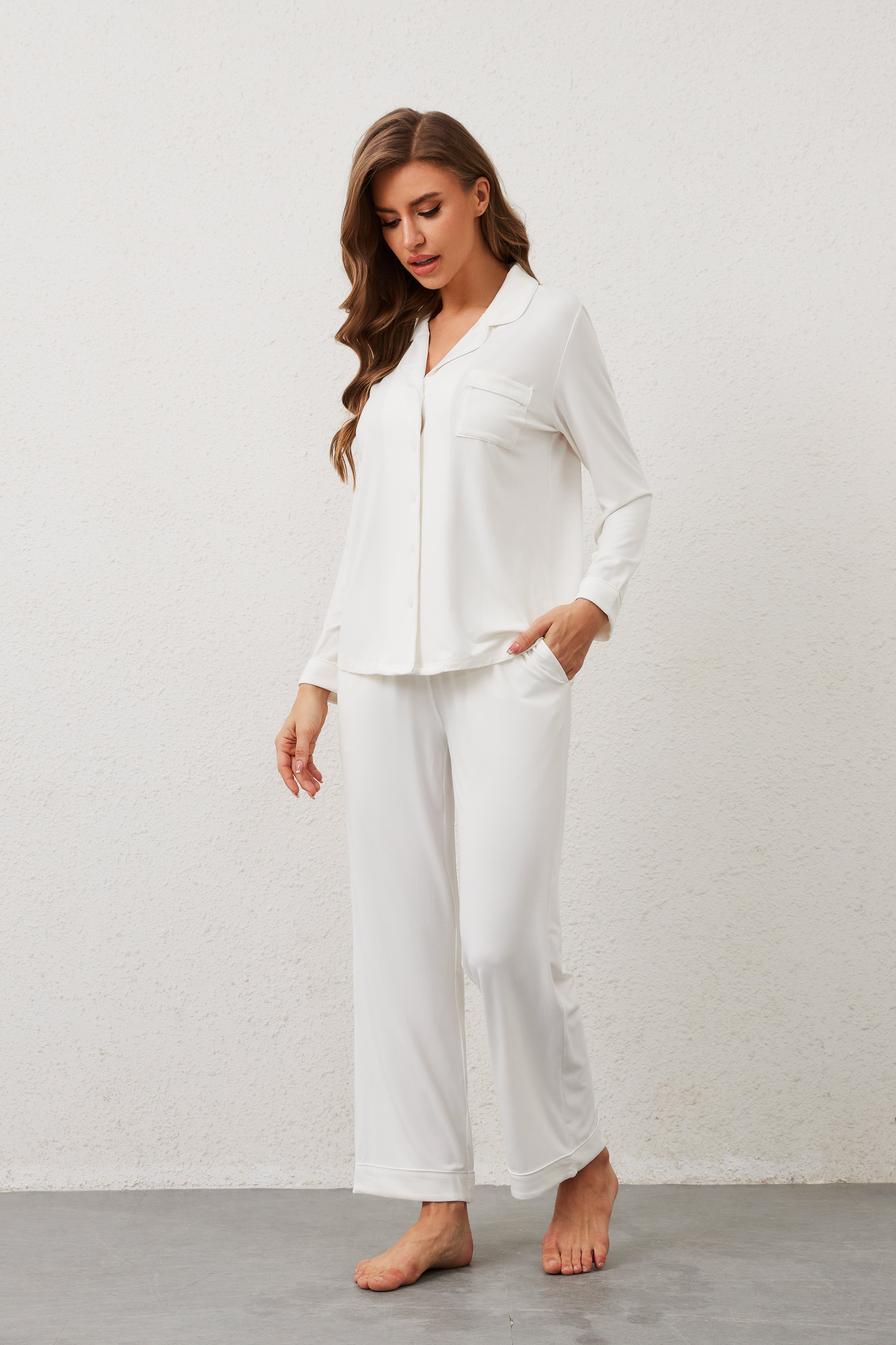 White Long Sleeve Bamboo Pajama Set